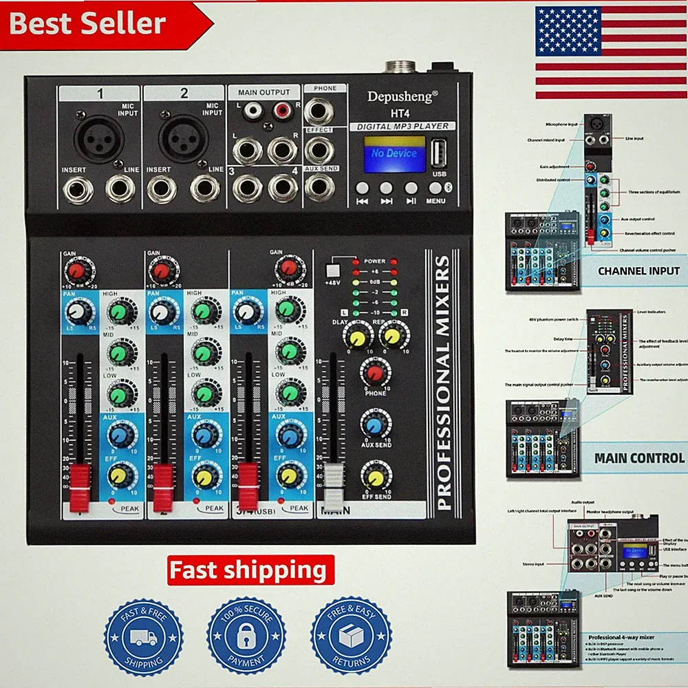 HT4 Portable Bluetooth 4-Channel DJ Mixer with USB for Studio Performance
