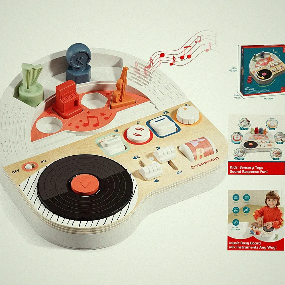 Interactive Wooden Busy Board with 4 Instrument Sounds - Travel Toy for Toddlers