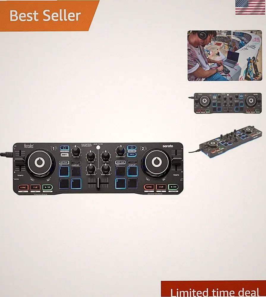 Lightweight DJ Controller with Pressure-Sensitive Jog Wheels & LED Lighting