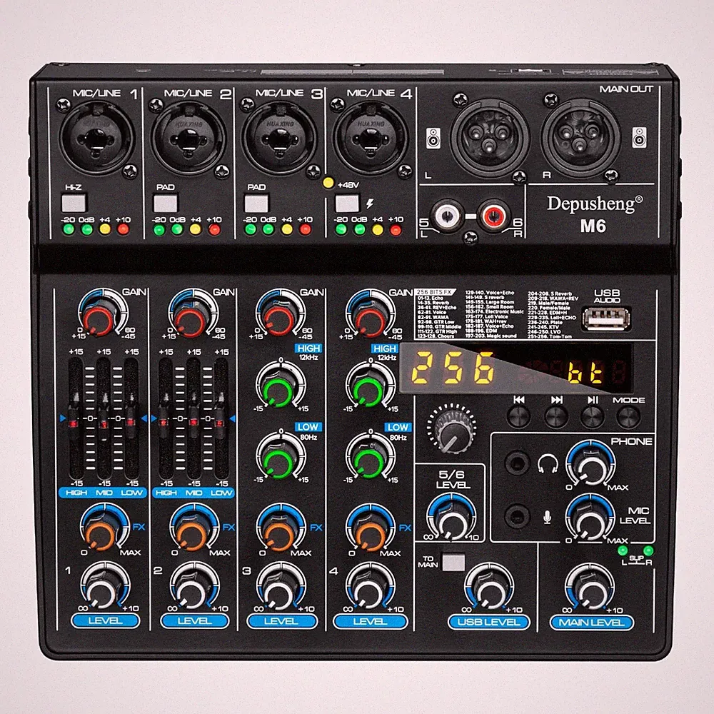 M6 Portable Mini Mixer 6-Channel Audio Mixer DJ Console with Sound Card, Blue...