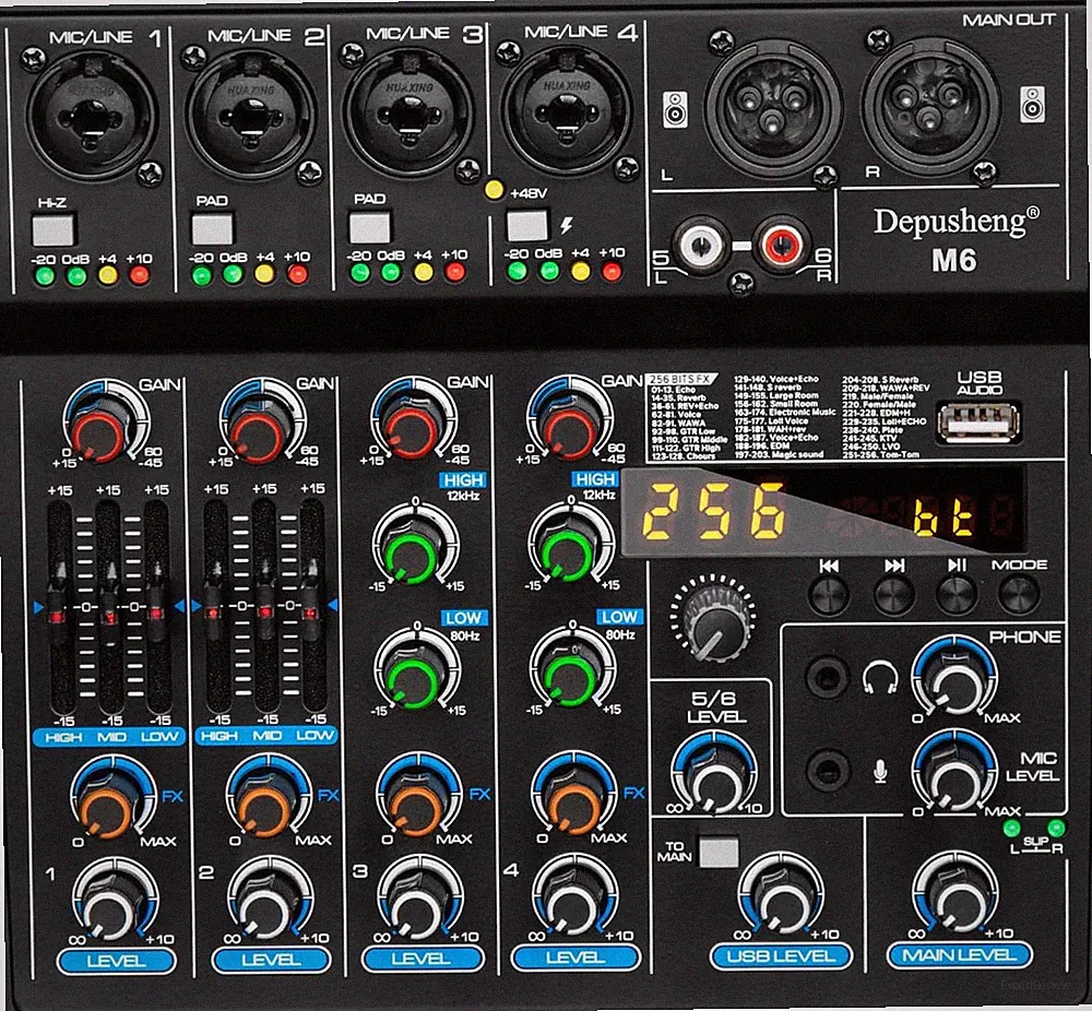 M6 Portable Mini Mixer 6-Channel Audio Mixer DJ Console with Sound Card, Bluetoo