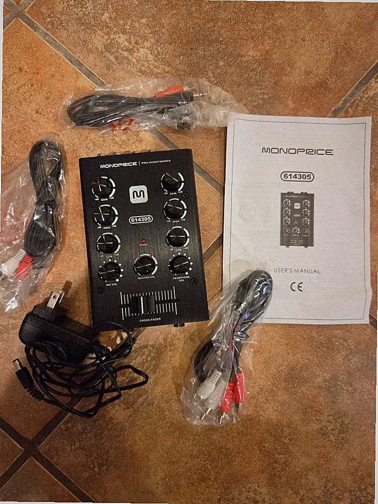 Monoprice portable 2 Channel DJ mixer model 614305 with original cables and box
