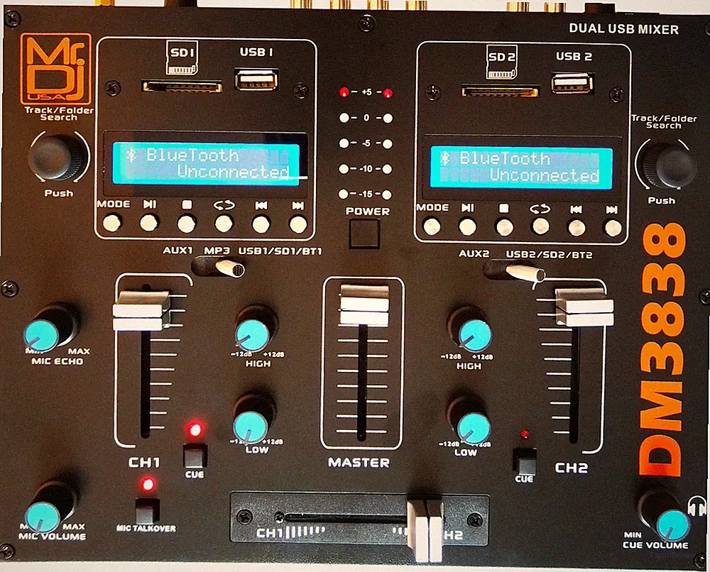 MR DJ DM3838 2 Channel Portable PA DJ Mixer Double Wireless Connection BT USB SD