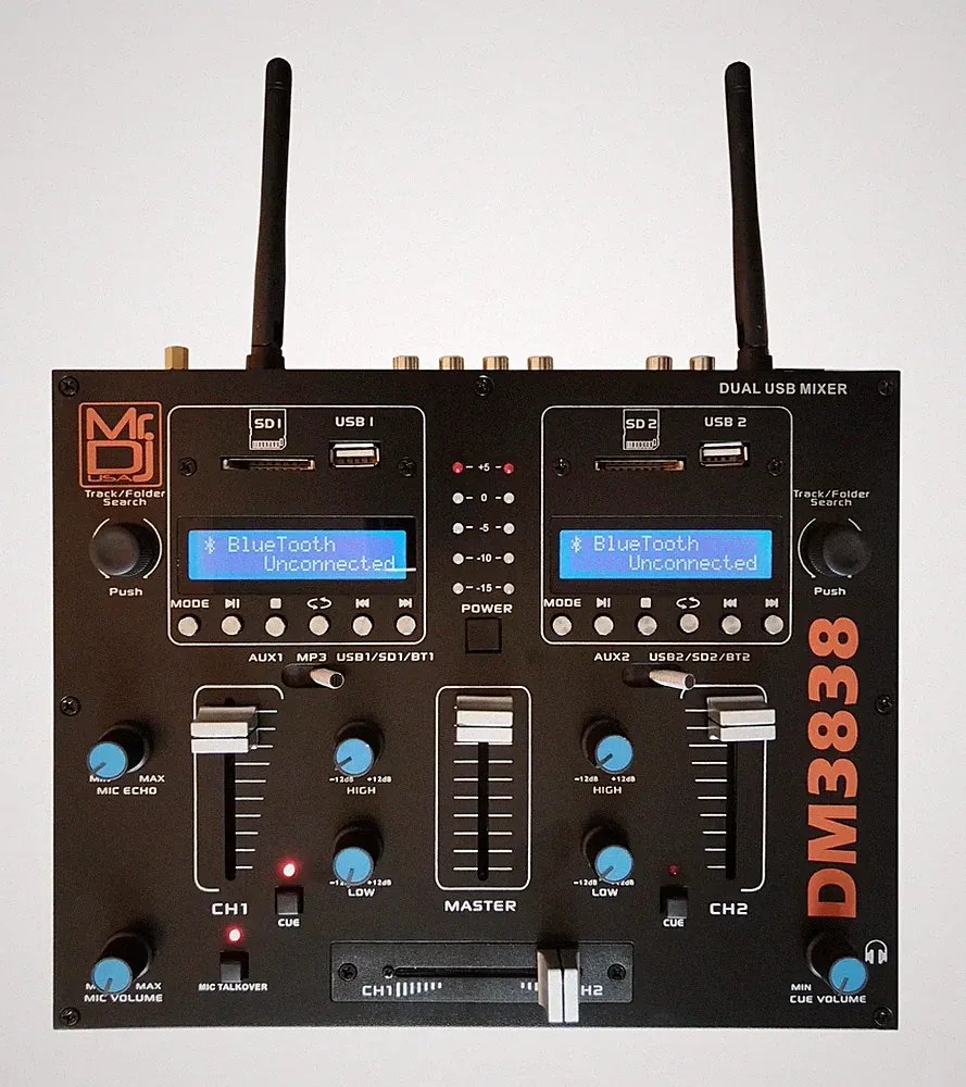 MR DJ DM3838 -2Channel Portable PA DJ Mixer Double Wireless Connection BT USB SD