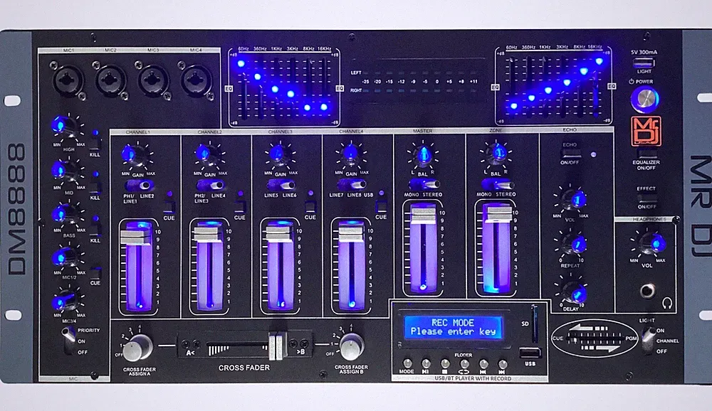 MR DJ DM8888 6 Channel 19" DJ Mixer Wireless Connection BT USB SD Slot & Audio