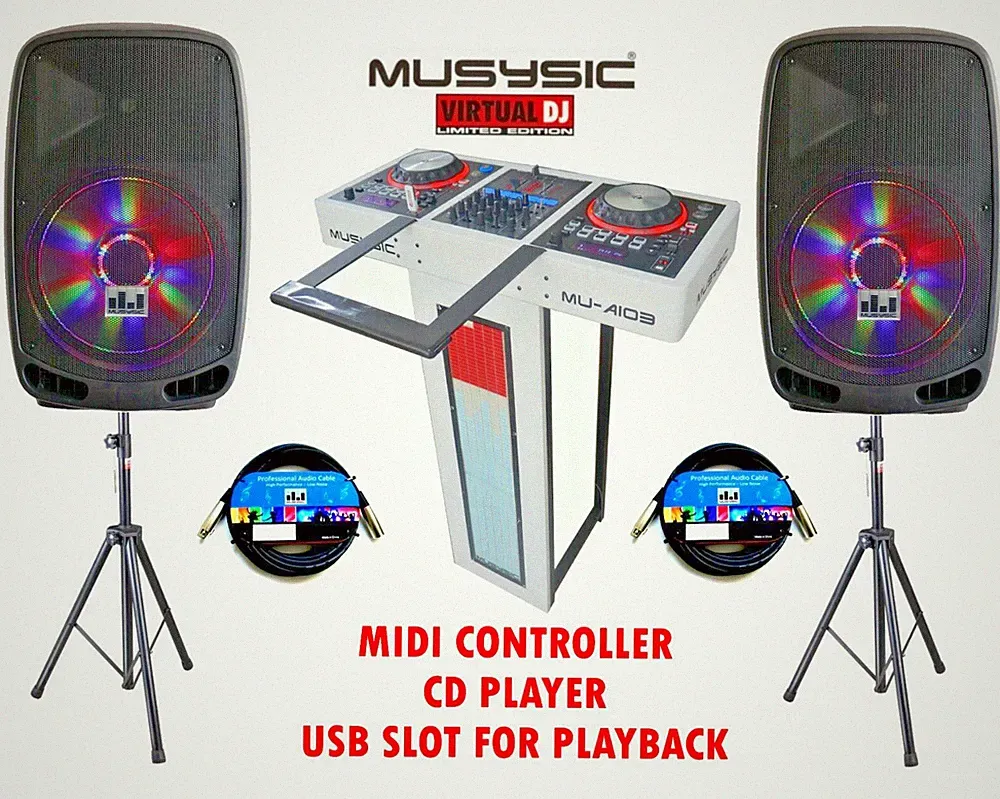 MUSYSIC Complete DJ System 4000W MIDI Controller CD USB Active 15" Speakers