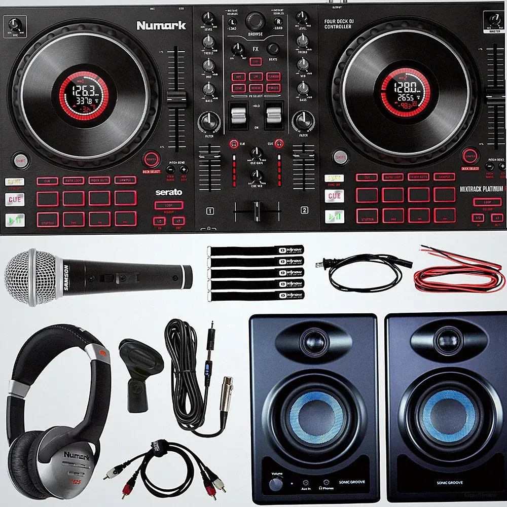 Numark Mixtrack Platinum FX 4-Deck Serato DJ Controller w Monitors Starter Pa...