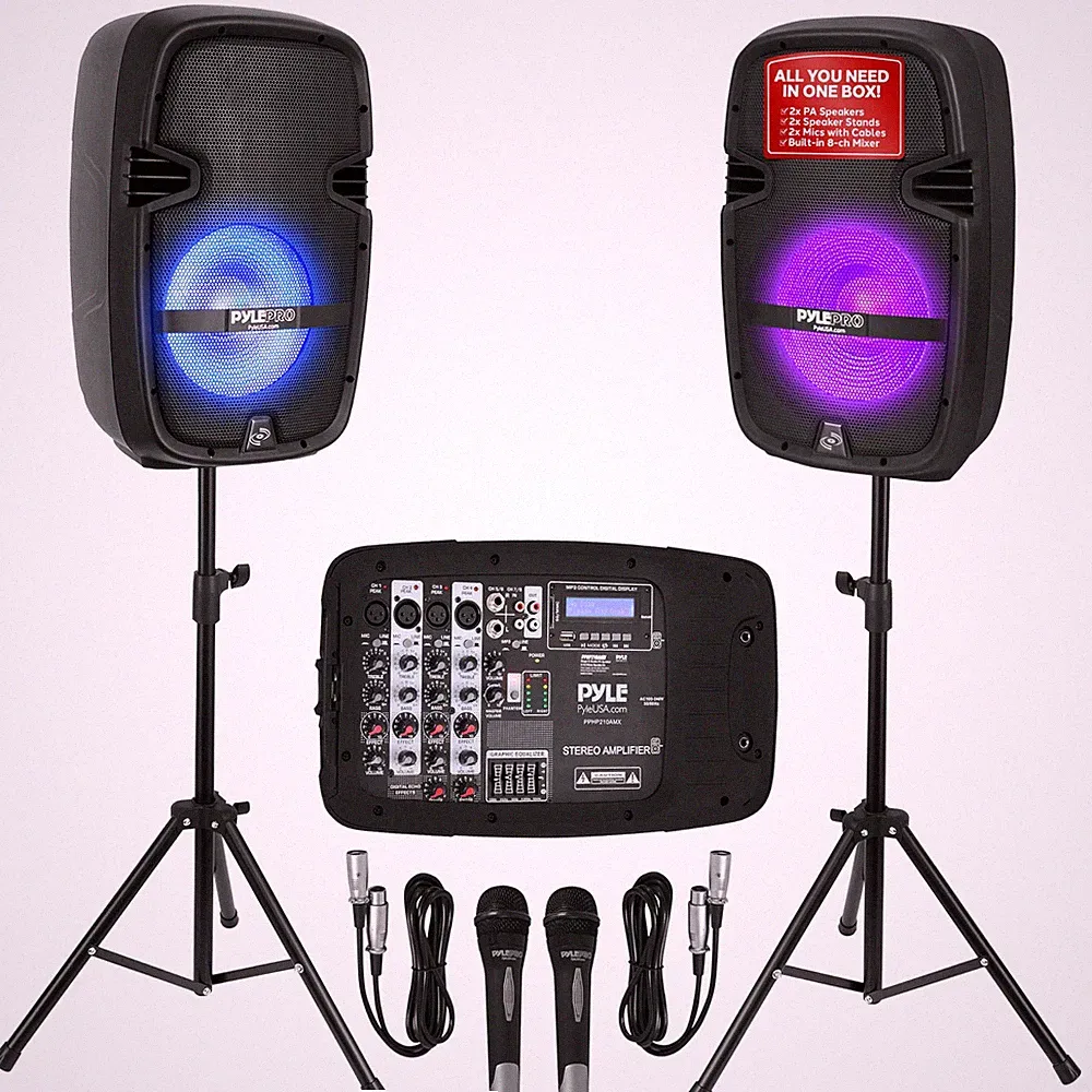 PA Speaker DJ Mixer Bundle Portable Wireless Bluetooth USB SD XLR Pyle Led Sound