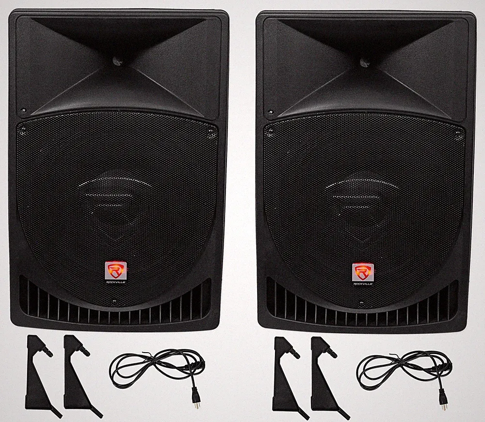 Pair Rockville Power Gig RPG15 15" Powered Active 2000 Watt 2-Way DJ PA Speakers