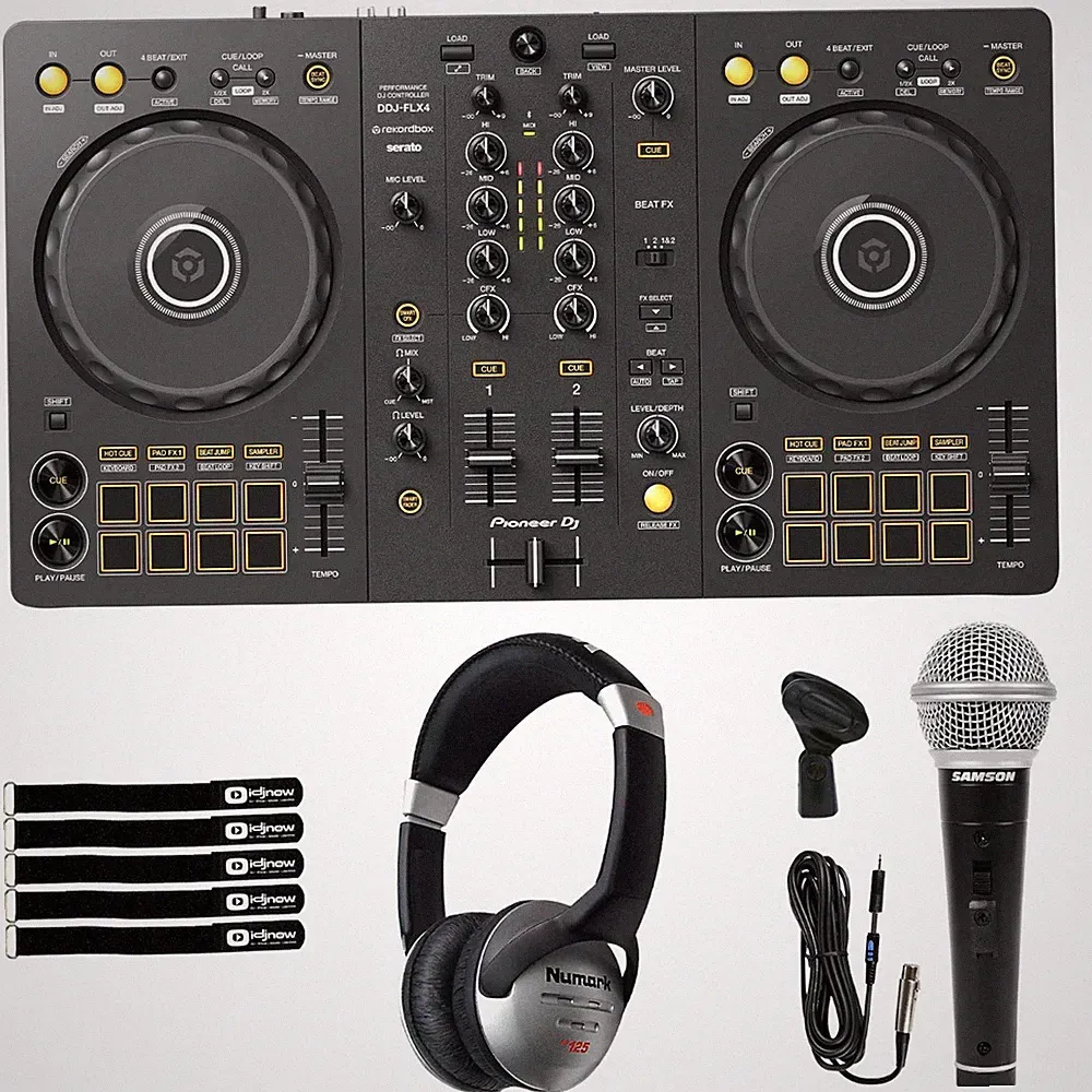 Pioneer DDJ-FLX4 2-Channel Serato Lite Rekordbox DJ Controller, Headphones & Mic