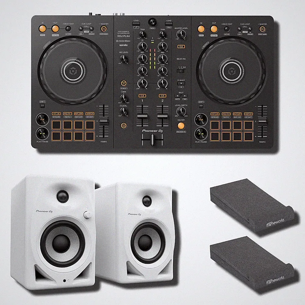Pioneer DDJ-FLX4 2-Deck DJ Controller with White DM-40D 4" Desktop Active Monito