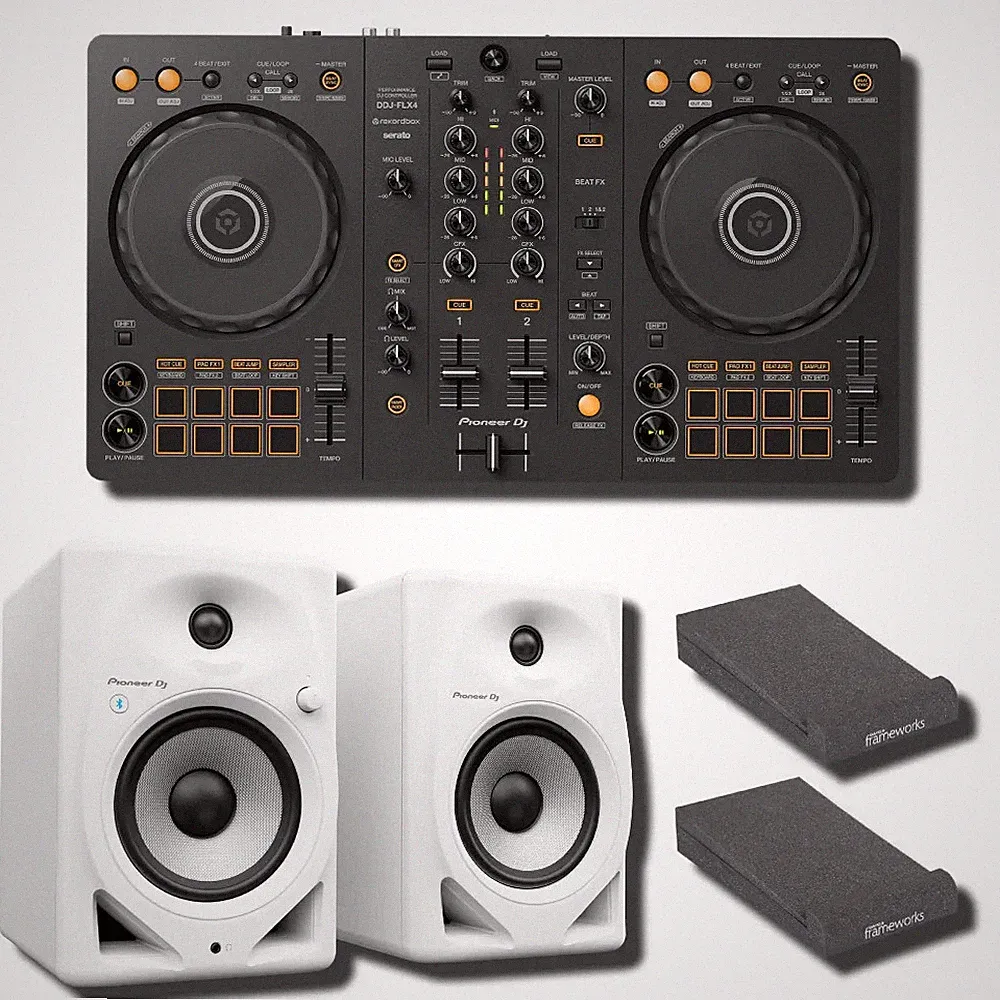 Pioneer DDJ-FLX4 2-Deck DJ Controller with White DM-50D-BT 5" Desktop Active Blu