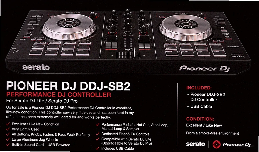 Pioneer DDJ-SB2 Performance DJ Controller for Serato w/ USB Cable Excellent
