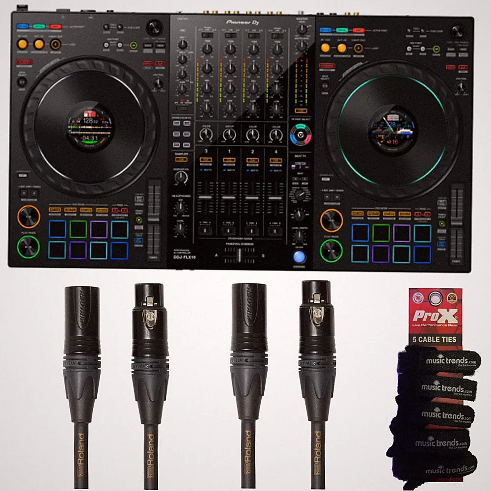 Pioneer DJ DDJ-FLX10 Pro DJ Controller + 2x Roland Gold 25' XLRs