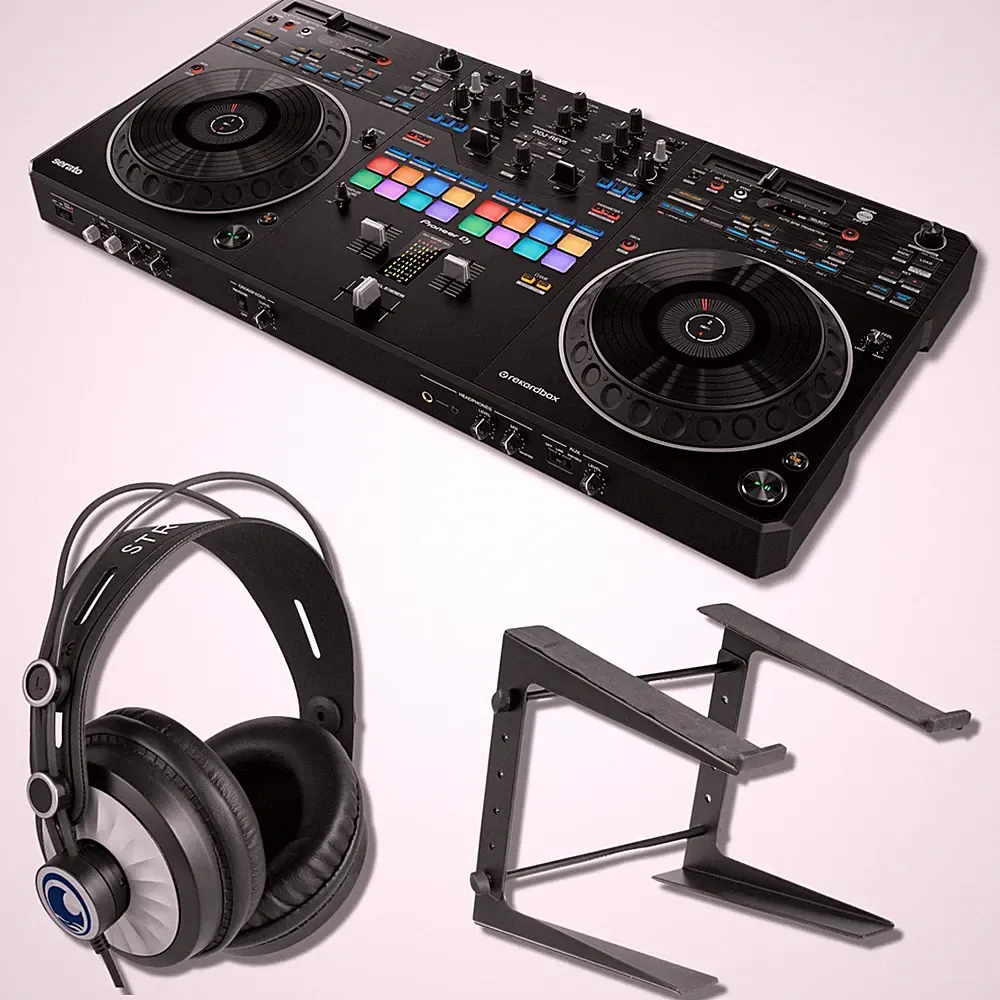 Pioneer DJ DDJ-REV5 4-deck DJ Controller with Cans50 Headphones and Laptop Stand