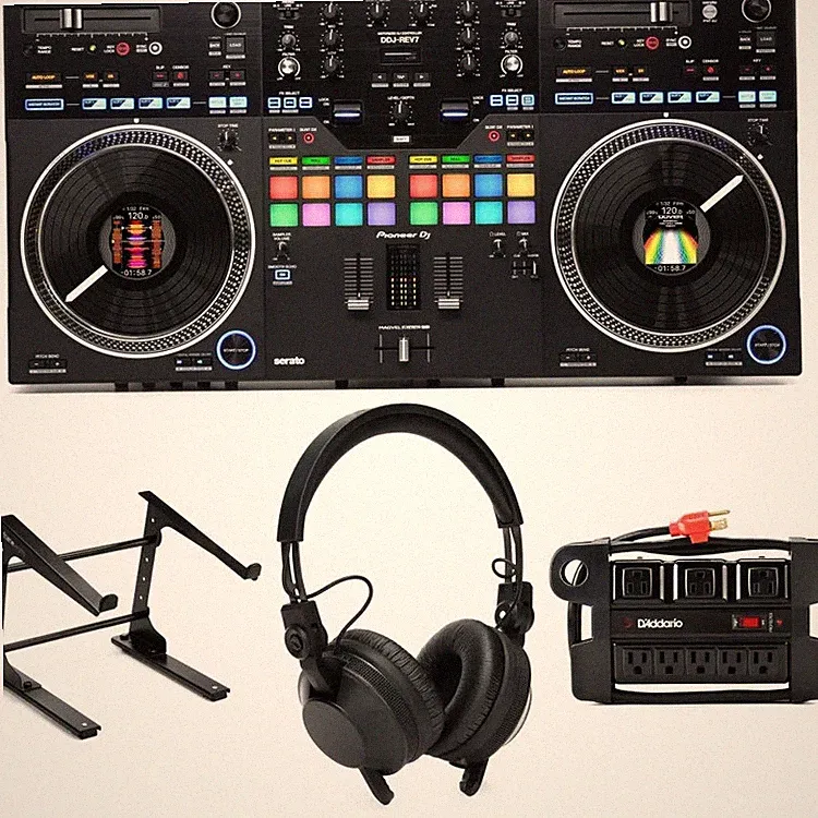 Pioneer DJ DDJ-REV7 2-deck Serato DJ Controller with Laptop Stand and Power