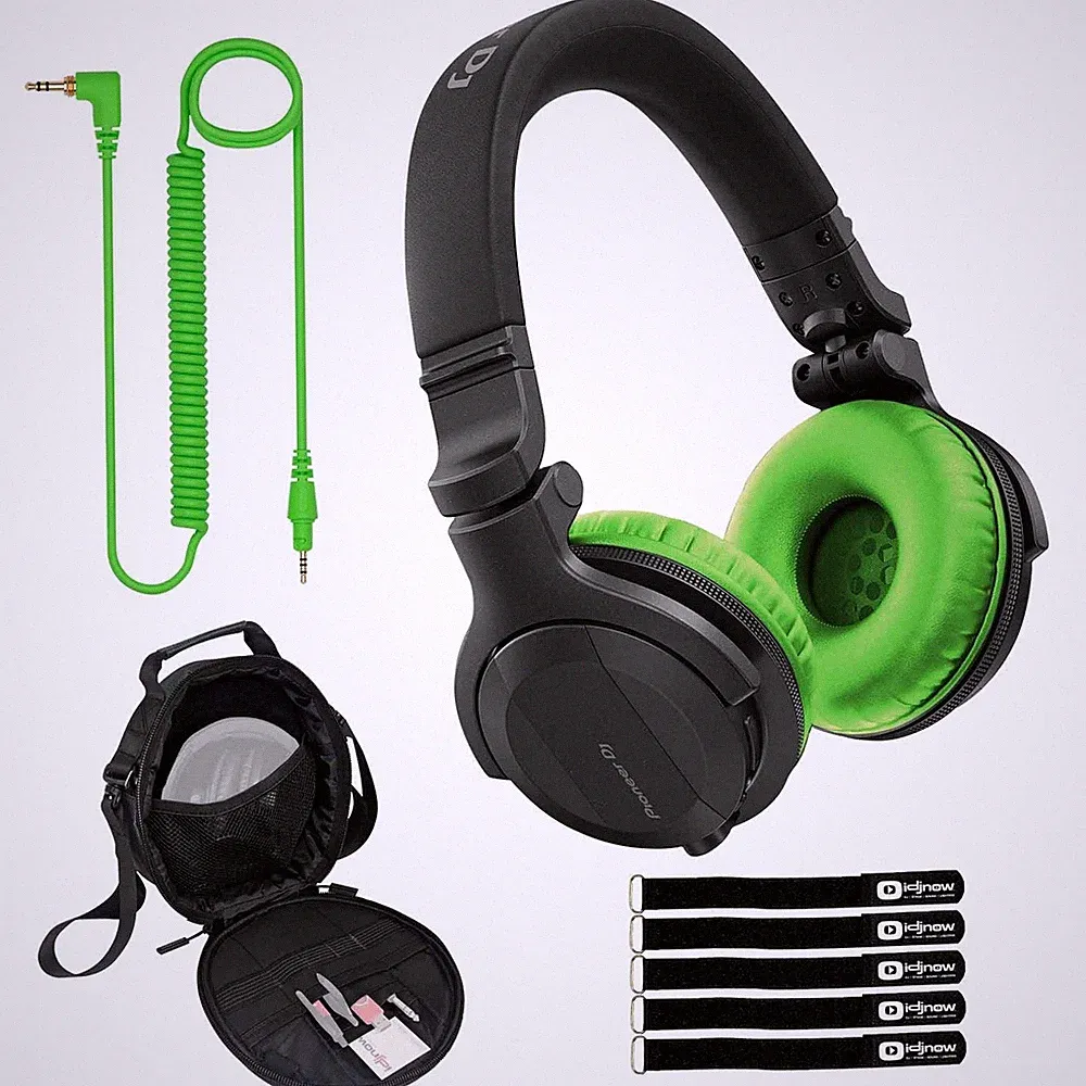 Pioneer DJ HDJ-CUE1BT Black Wireless Bluetooth Headphones, Green Ear Pads & Case