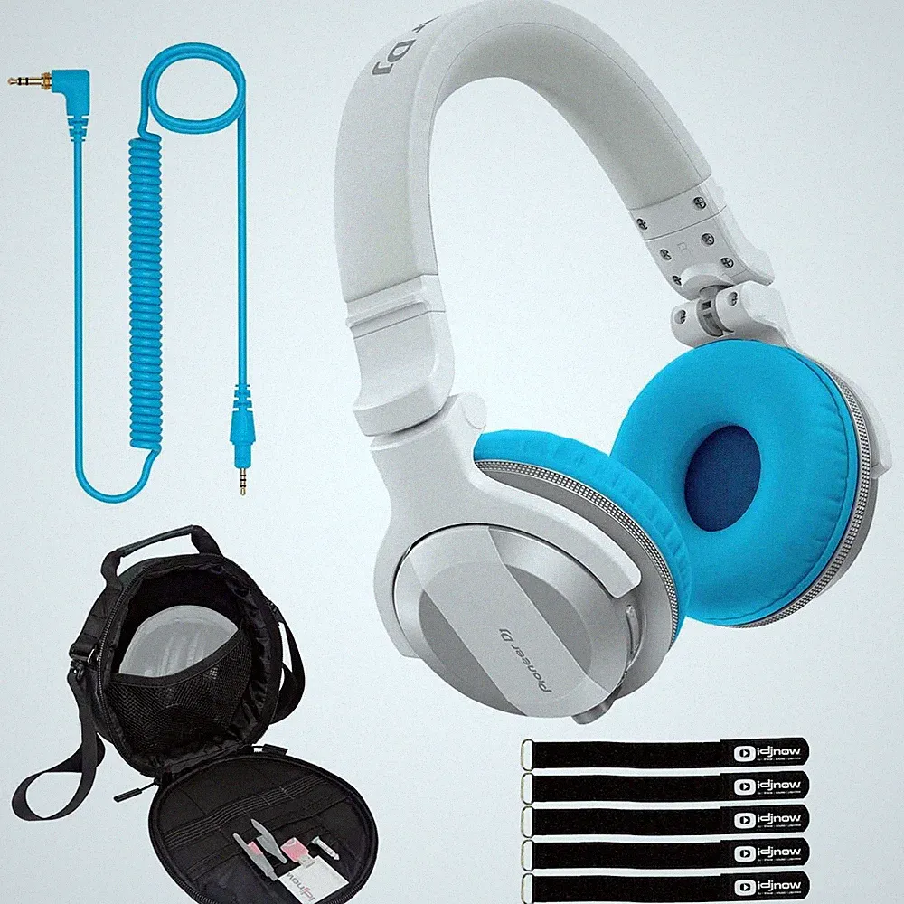 Pioneer DJ HDJ-CUE1BT White Wireless Bluetooth Headphones, Blue Ear Pads & Case