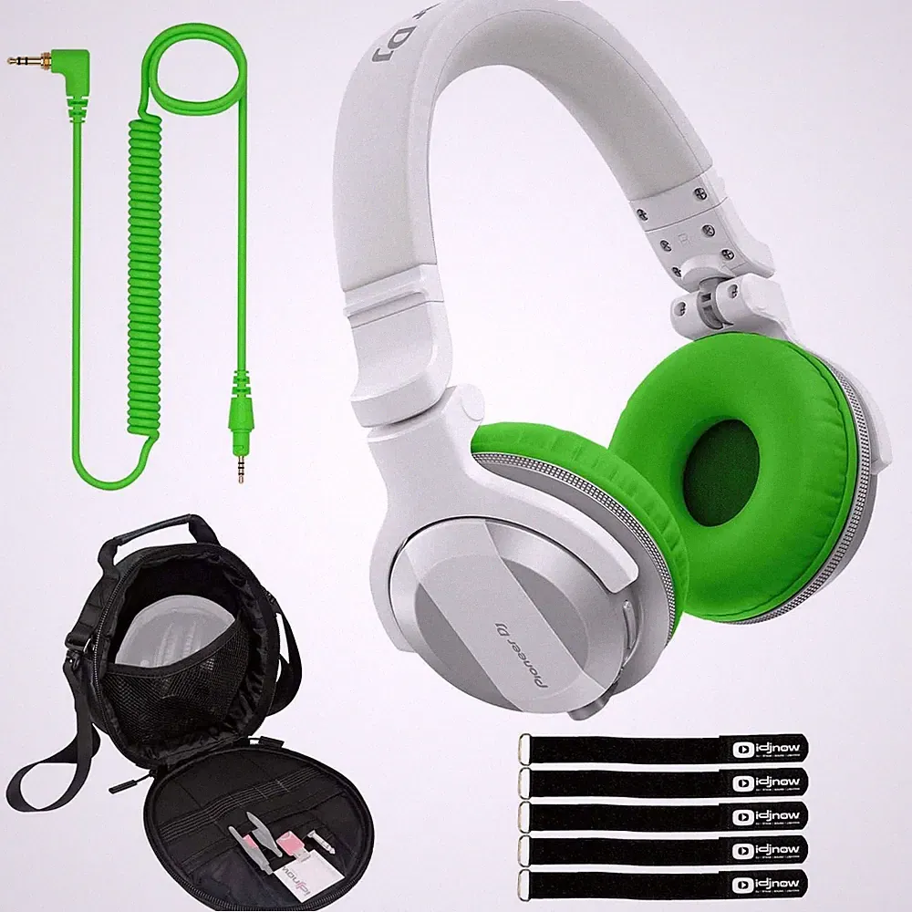 Pioneer DJ HDJ-CUE1BT White Wireless Bluetooth Headphones, Green Ear Pads & Case