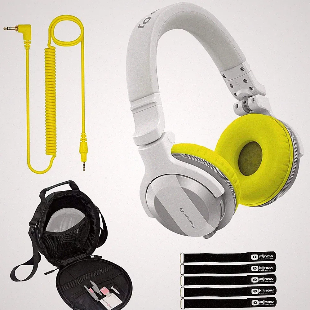 Pioneer DJ HDJ-CUE1BT White Wireless Bluetooth Headphones Yellow Ear Pads & Case