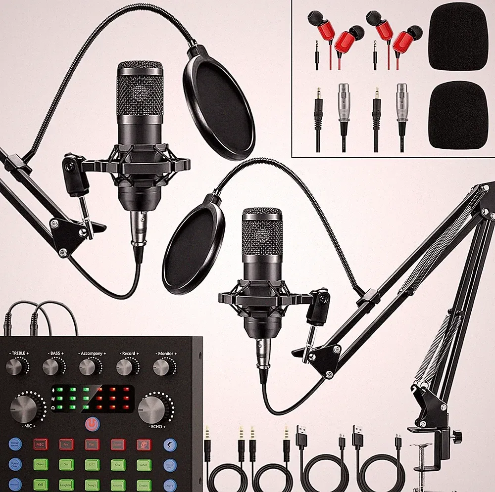 Podcast Equipment Bundle for 2, Audio Interface with Voice Changer Condenser Mic
