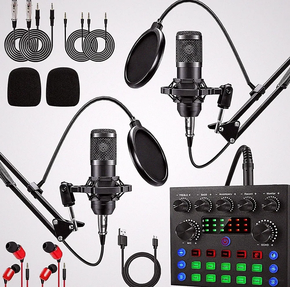 Podcast Equipment Bundle for 2: BM800 Mic & DJ Mixer - Perfect for Streaming