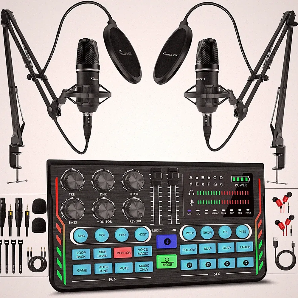 Podcast Equipment Bundle for 2, DJ Mixer with 3.5mm Diaphragm Condenser Micro...