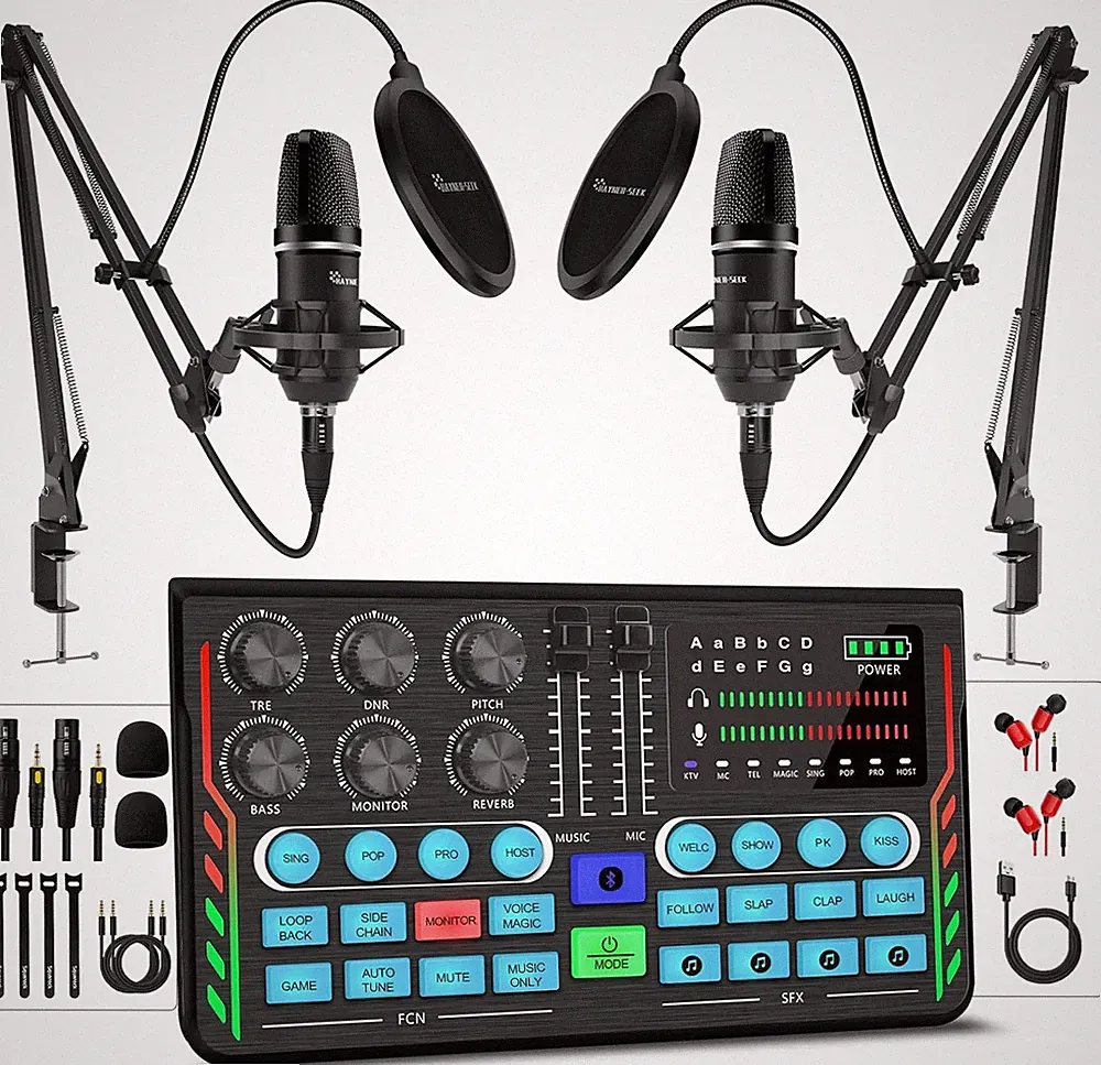 Podcast Equipment Bundle for 2, DJ Mixer with 3.5mm Diaphragm Condenser Micropho