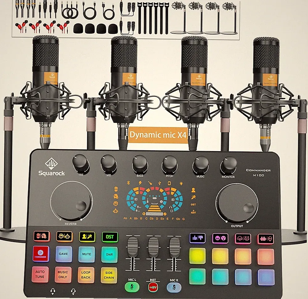 Podcast Equipment Bundle for 4, All-In-One Audio Mixer with Dynamic Micophones N