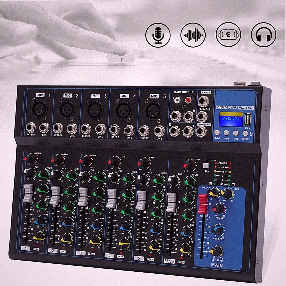 Portable 7-Channel Bluetooth Audio Mixer USB DJ Sound Mixing Console Board