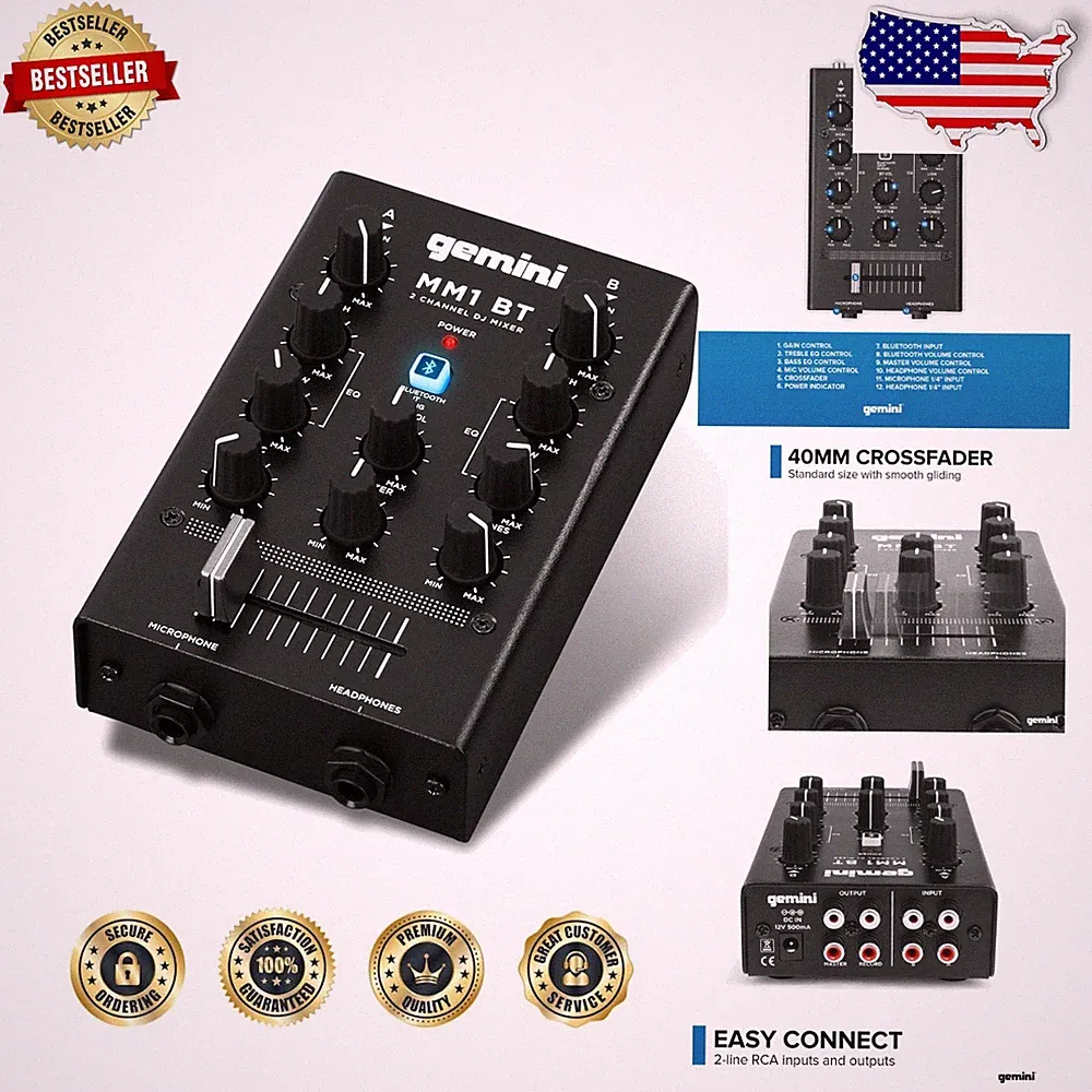 Portable Bluetooth DJ Mixer: 2-Channel Mini Audio Board, Wireless RCA Mic Hea...