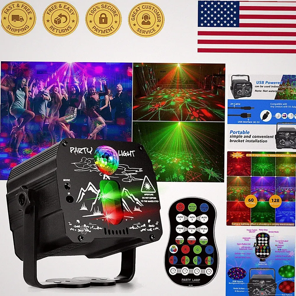 Portable DJ Lights with Remote Control - Sound Activated RGB Stage Projector