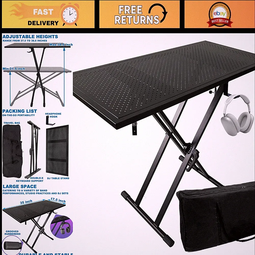 Portable DJ Table Stand - 35"x17.3" Adjustable Mixer Booth for Laptops, Keyboard