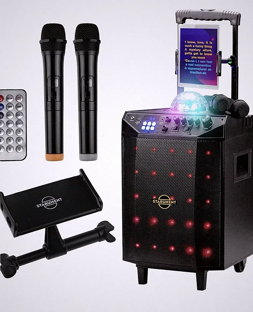 Portable Karaoke Machine Bluetooth Speakers on 2 Wheels With 2PK Wireless Mic