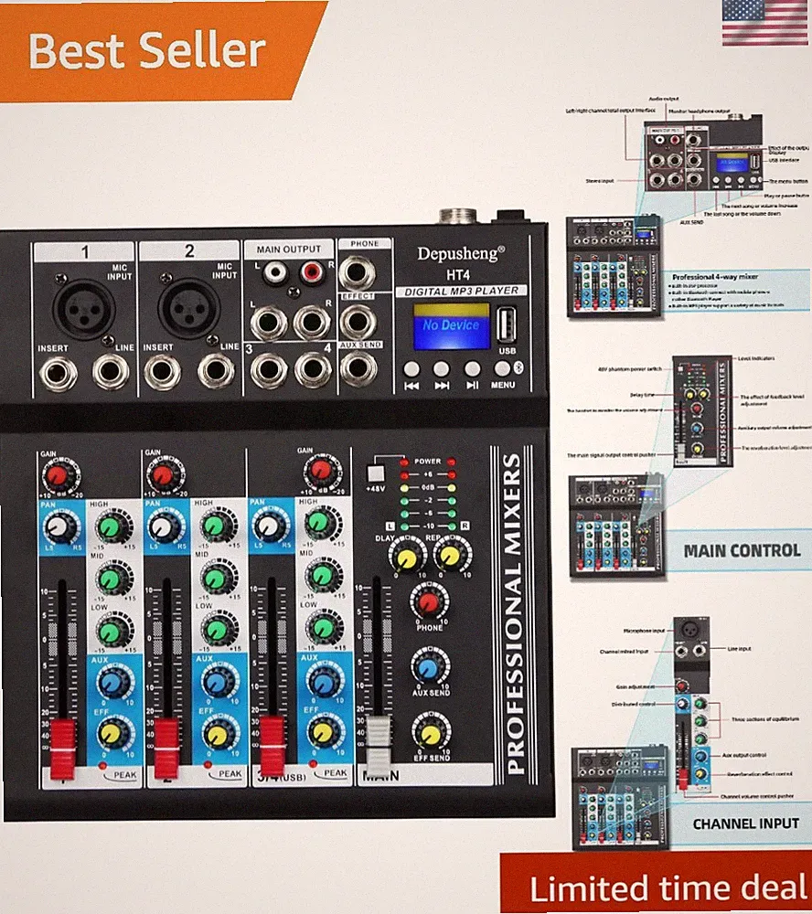Pro-Grade Portable DJ Mixer with Bluetooth, USB & 4 Channels for Superior Sound