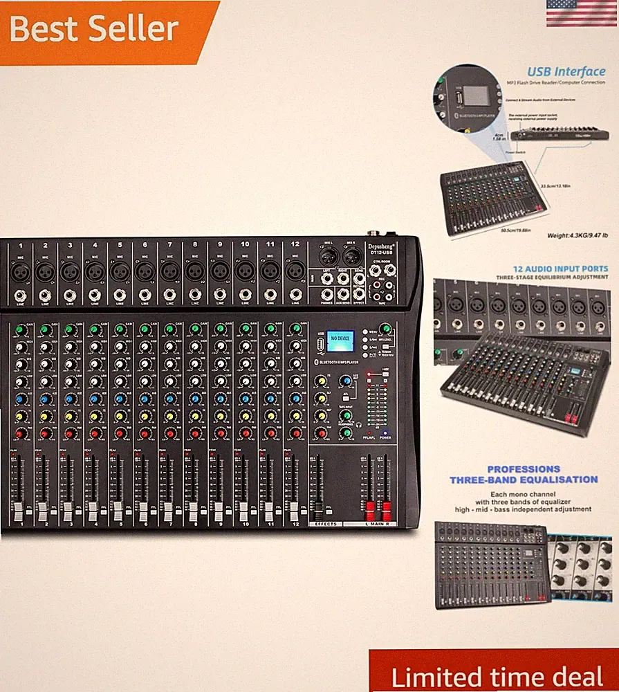 Professional 12-Channel Audio Mixer for DJs with Bluetooth & USB Compatibility
