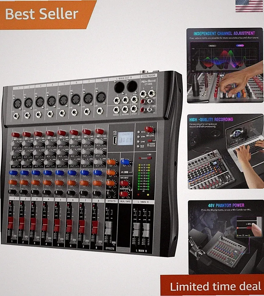 Professional DJ Audio Mixer - 8 Channel DJ Bluetooth Controller Sound Mixer w...