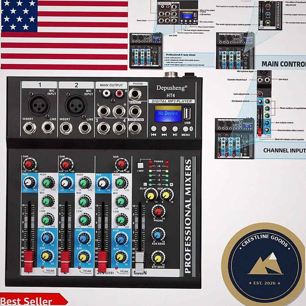 Professional Portable 4-Channel DJ Mixer with Bluetooth & USB: Compact Design