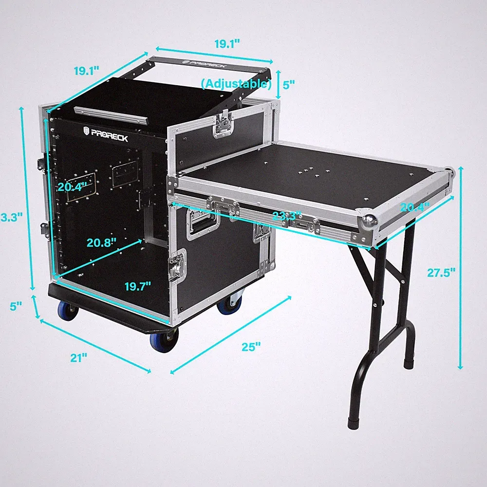 PRORECK 12UT DJ Mixer Rack Road Case Foldable Side Table 20" Deep Combo Casters