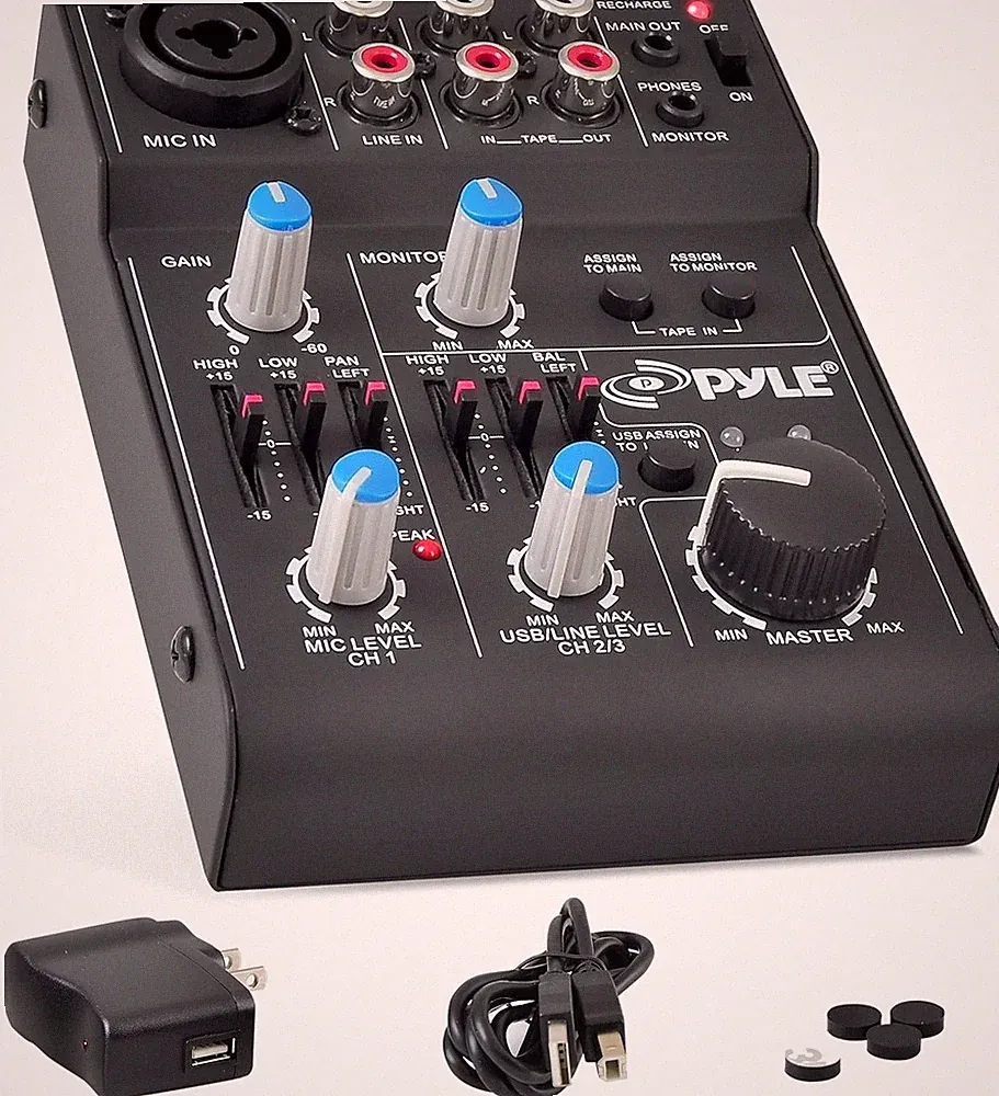 Pyle 5 Channel Audio Mixer PAD20MXU - DJ Sound Controller Interface w/ USB Card
