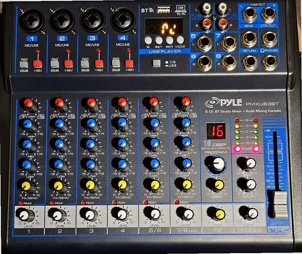 Pyle 8 Channel DJ Audio Mixer PMXU83BT Bluetooth DSP FX USB Audio Interface