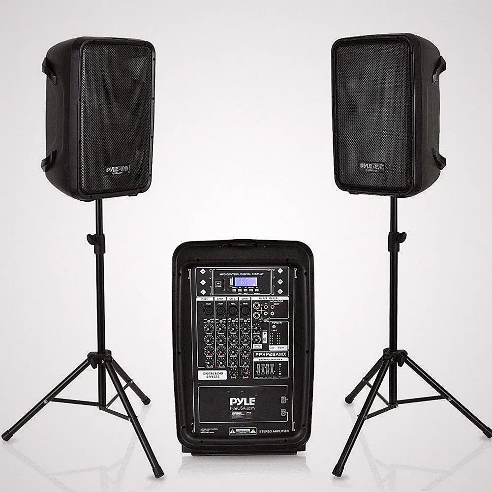 Pyle PA Speaker & DJ Mixer Bundle (2) 8’’ Bluetooth PA Speakers, 8-Channel