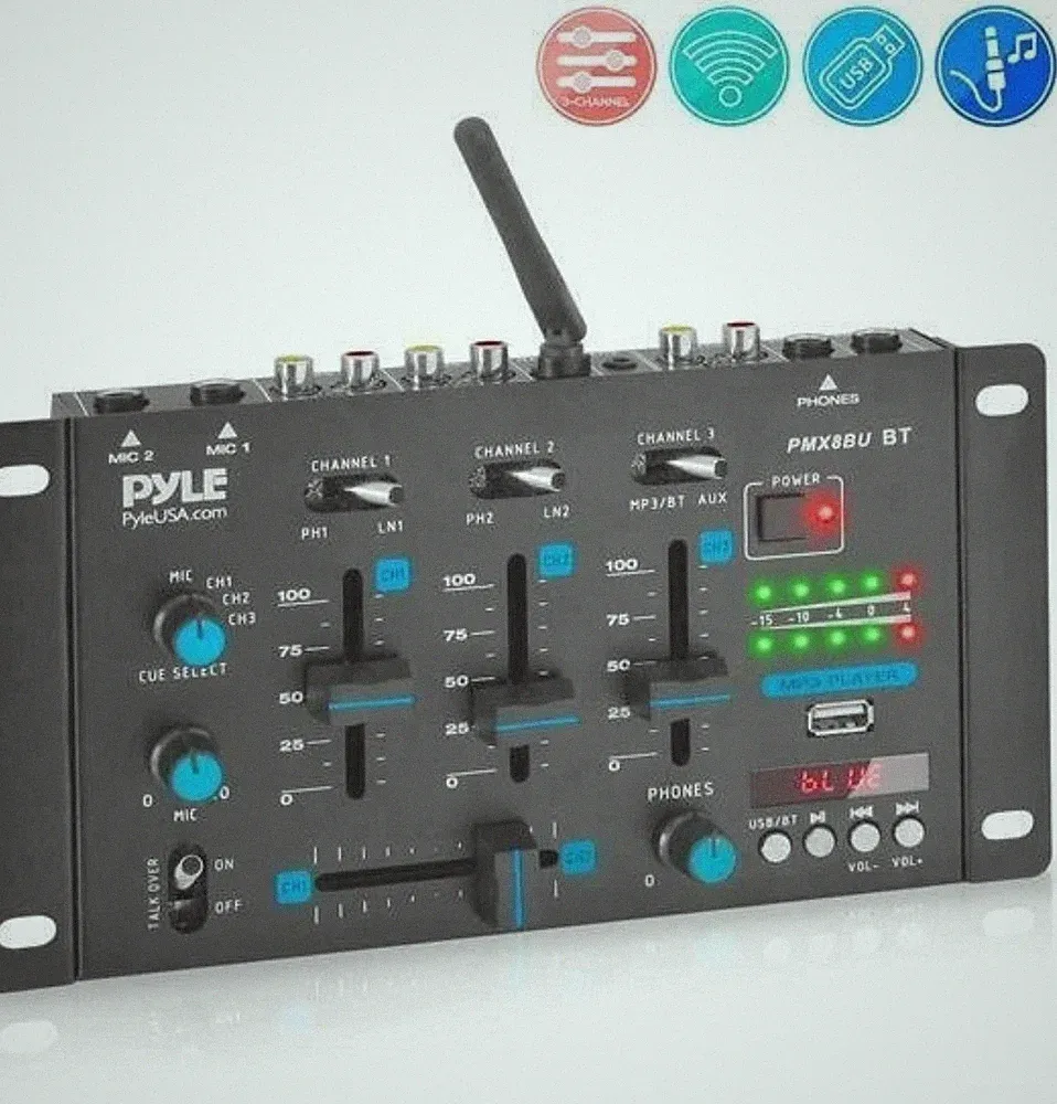 Pyle PMX8BU Professional 3-Channel Bluetooth DJ Mixer with Digital LED Display