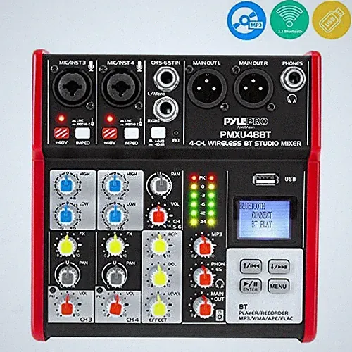Pyle PMXU48BT 4-Channel Bluetooth Studio Mixer DJ Console (+48V Phantom Power)