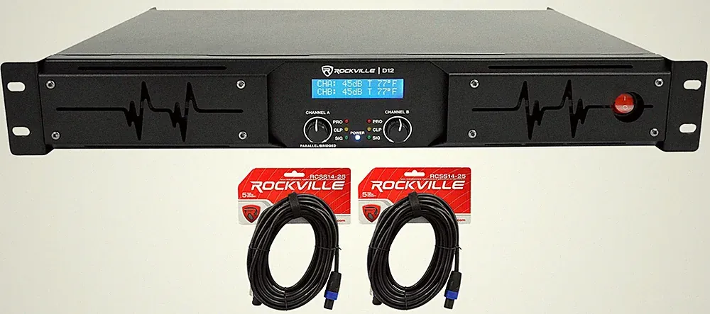 Rockville D12 5000w Peak/1400w RMS 2 Channel Power Amplifier Pro/DJ Amp+Cables