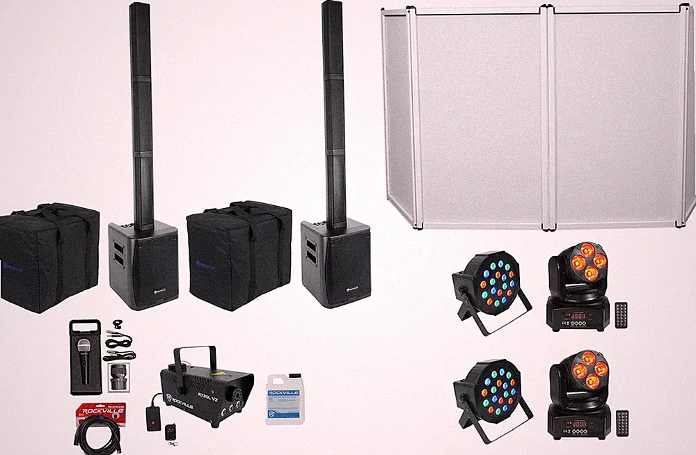 Rockville DJ Package w/ 2 TITAN PORTABLE ARRAY Speakers+Mic+Fogger+Facade+Lights