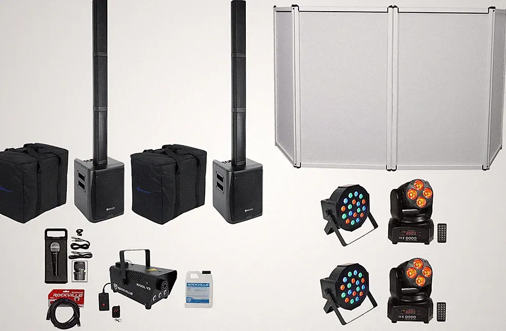 Rockville DJ Package w/ 2 TITAN PORTABLE ARRAY Speakers+Mic+Fogger+Facade+Lights