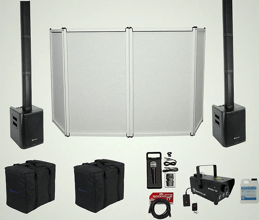 Rockville DJ Package w/ (2) TITAN PORTABLE ARRAY Speakers+Mic+LED Fogger+Facade