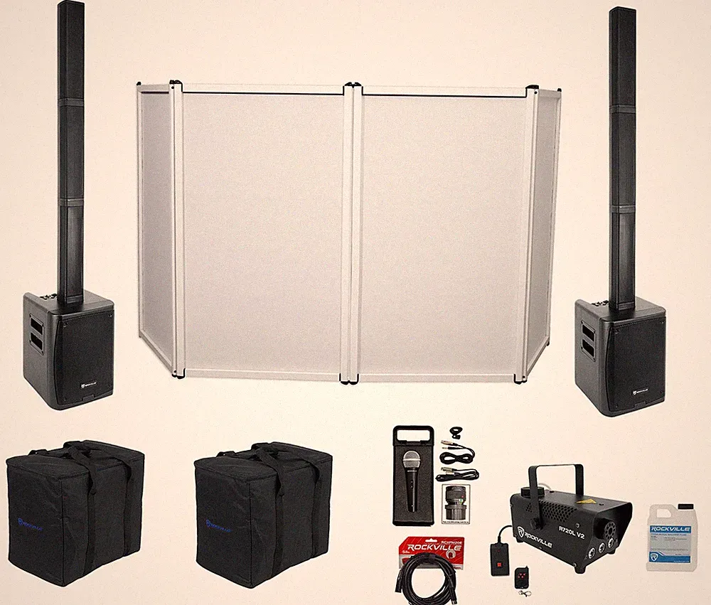 Rockville DJ Package w/ (2) TITAN PORTABLE ARRAY Speakers+Mic+LED Fogger+Facade