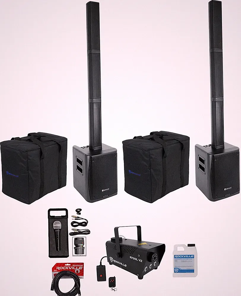 Rockville DJ Package w/ (2) TITAN PORTABLE ARRAY Speakers+Microphone+LED Fogger
